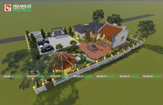 Mẫu thiết kế khuôn viên nhà 3 gian truyền thống kết hợp biệt thự sân vườn